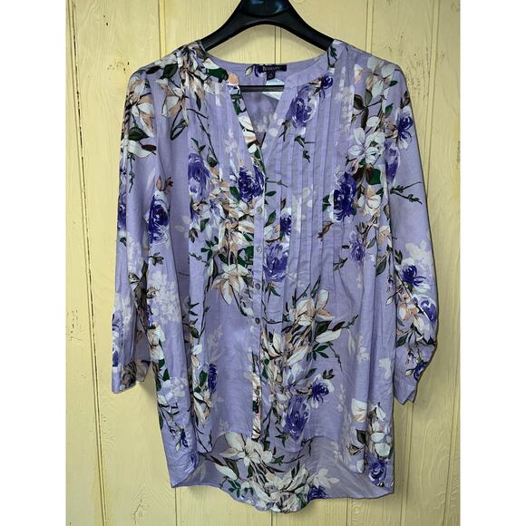Roaman's Top Womens 24W Tunic Blouse Pintuck Button Lilac Purple Floral Spring - Picture 6 of 12